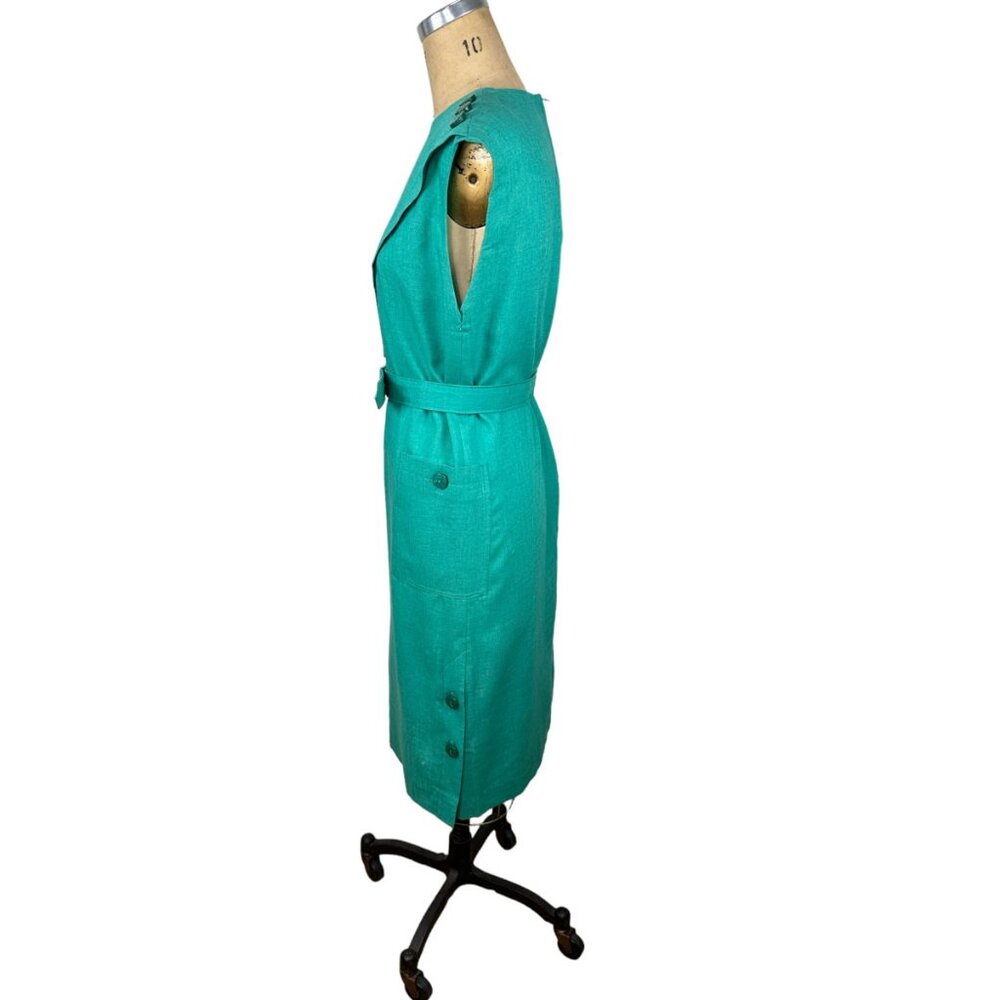 1980s green linen dress with shoulder buttons and pockets by Leslie Fay Size M/L - Picture 4 of 8